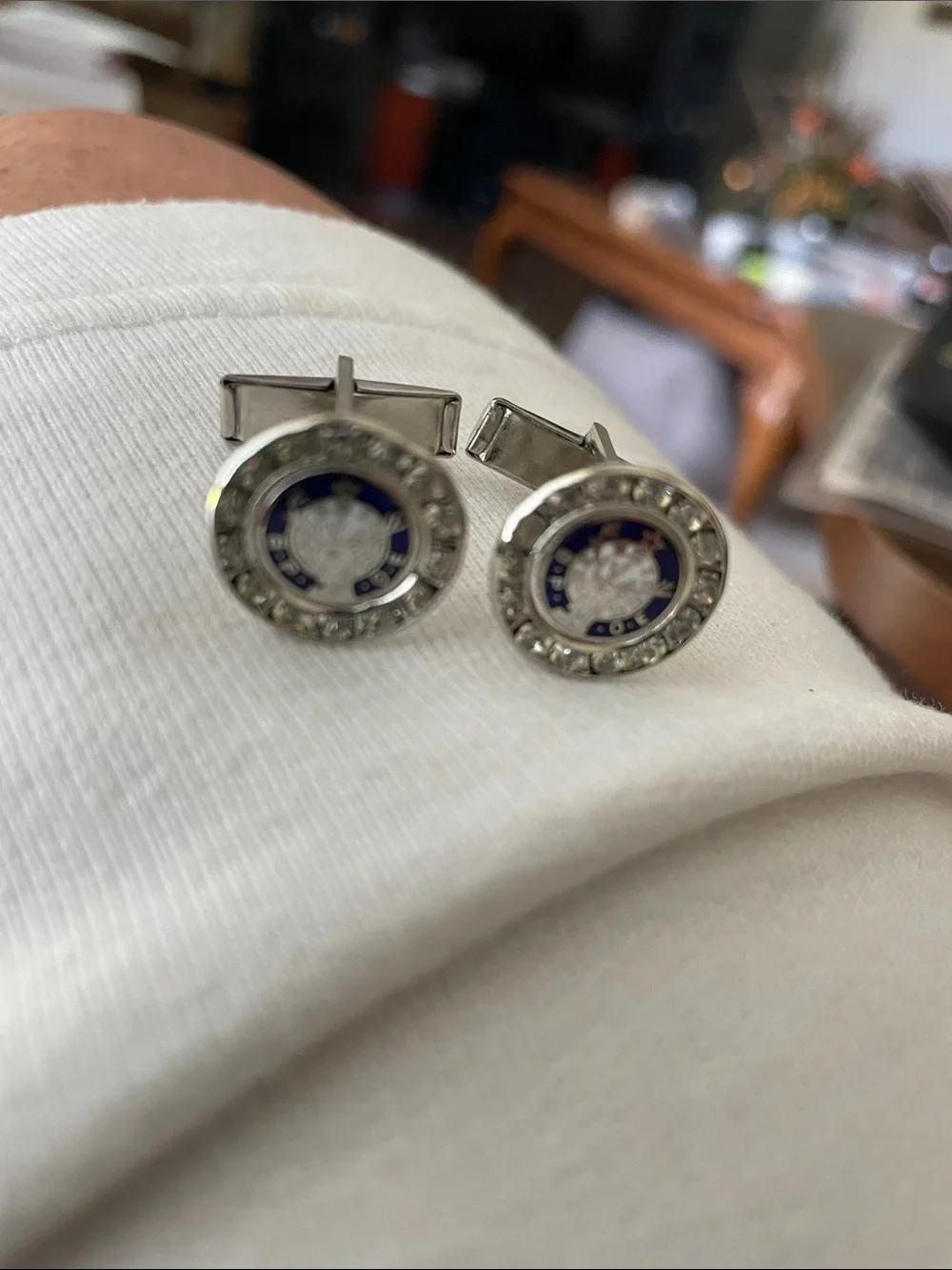 VTG BPOE Elks Lodge silver-Tone Blue Center Cufflinks with Rhinestone Accents